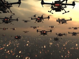 Futuristic drones flying over a city.
