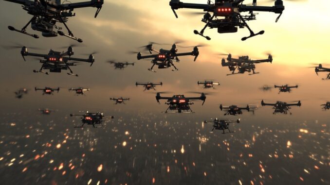 Futuristic drones flying over a city. Futuristic drones flying over a city.