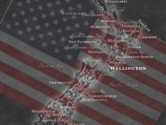 New Zealand map overlaid with American flag.