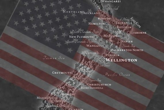 New Zealand map overlaid with American flag.