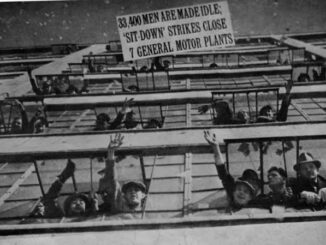 Workers protesting during sit-down strike, 1930s.