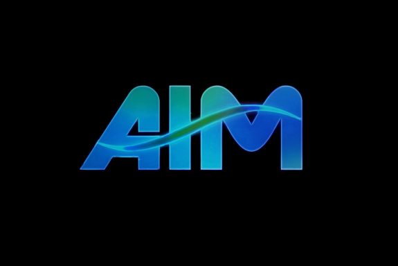Blue AIM logo with wave design.