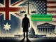 Silhouette with flags, scales, and government buildings.