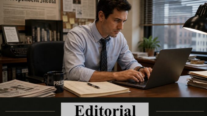 Journalist typing on laptop at editorial desk Journalist typing on laptop at editorial desk