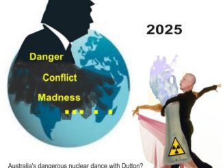 Silhouette, globe, dancing couple, nuclear warning.