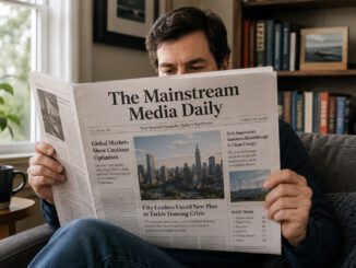 Man reading newspaper on living room sofa