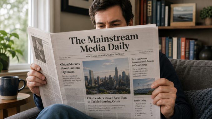 Man reading newspaper on living room sofa