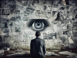 Man observing eye within newspaper collage.