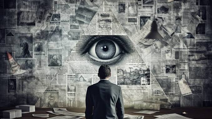 Man observing eye within newspaper collage. Man observing eye within newspaper collage.