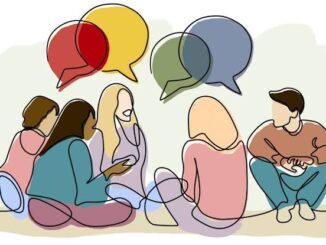 People sitting and talking with speech bubbles.