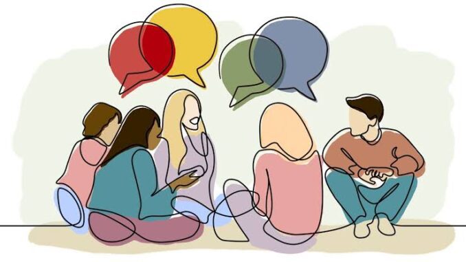 People sitting and talking with speech bubbles.