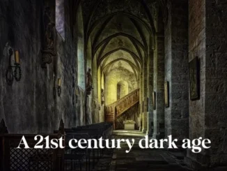 Gothic hallway with dramatic lighting and text.