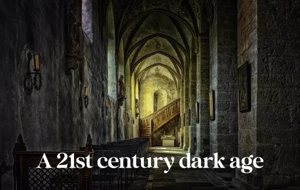 Gothic hallway with dramatic lighting and text.