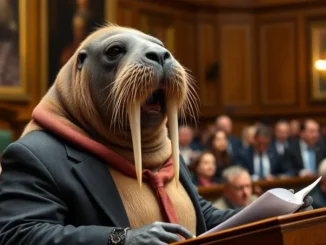 Walrus in suit speaking at a podium.
