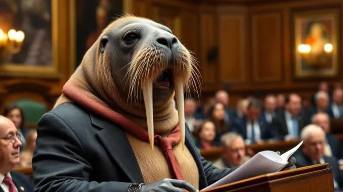 Walrus in suit speaking at a podium. Walrus in suit speaking at a podium.