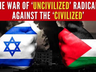 Israeli and Palestinian flags on fists.