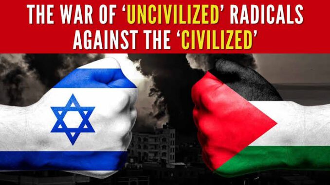 Israeli and Palestinian flags on fists.