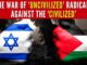 Israeli and Palestinian flags on fists.