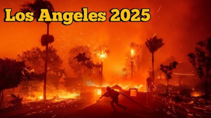 Firefighter battling wildfire in Los Angeles 2025.