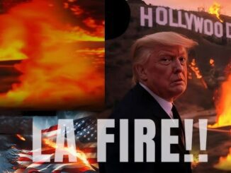 Person near Hollywood sign with fire background.