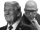 Two men in suits, one smiling, monochrome.