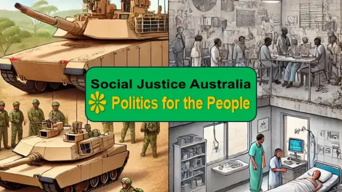 Military tanks and healthcare scenes juxtaposed.