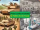 Military tanks and healthcare scenes juxtaposed.
