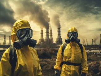 Two people in hazmat suits near smokestacks.