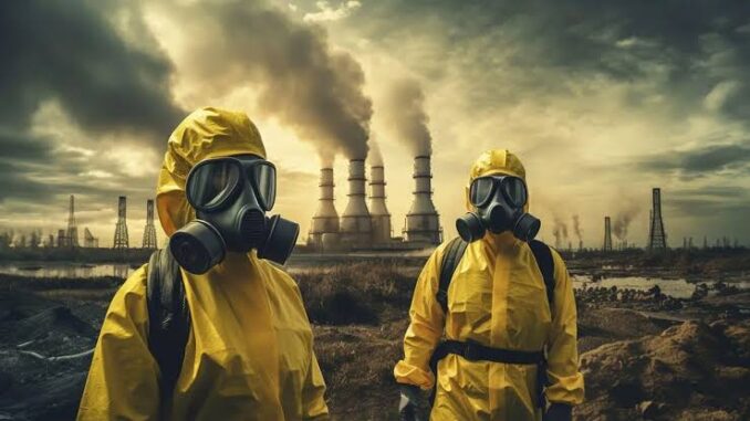 Two people in hazmat suits near smokestacks. Two people in hazmat suits near smokestacks.