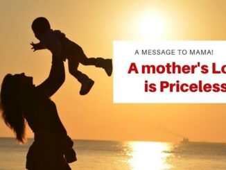 Mother lifting child at sunset, loving message.