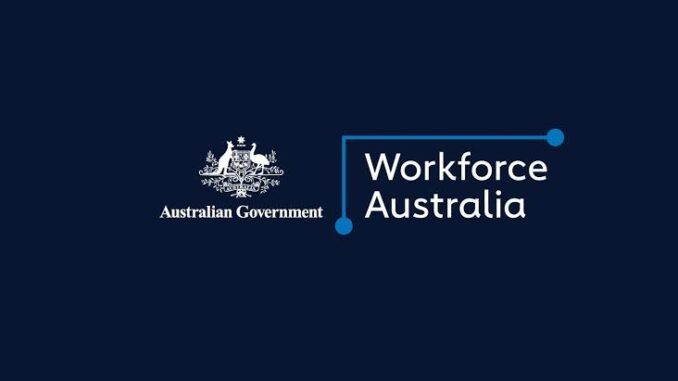 Australian Government Workforce Australia logo on blue. Australian Government Workforce Australia logo on blue.