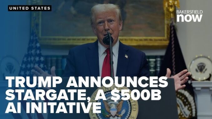 Man announces AI initiative at podium. Man announces AI initiative at podium.