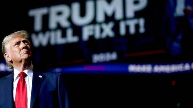 Man in suit with "Trump Will Fix It" sign.