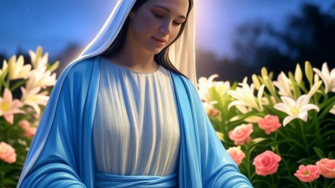 Humble figure in sky blue robe with roses