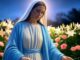 Humble figure in sky blue robe with roses