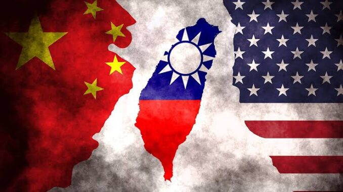China, Taiwan, USA flags with map silhouette.
