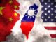 China, Taiwan, USA flags with map silhouette.