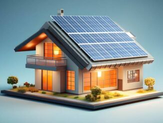 Modern house with solar panels and garden.