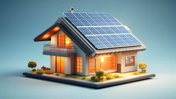 Modern house with solar panels and garden.