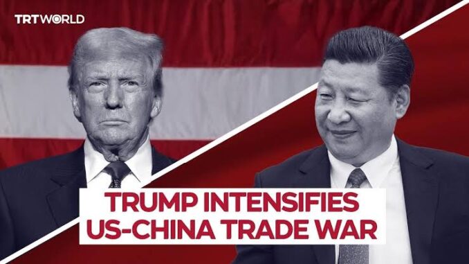 Leaders depicted amid US-China trade tensions. Leaders depicted amid US-China trade tensions.