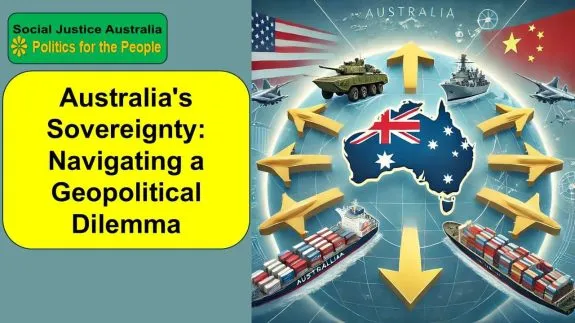 Australia's geopolitical challenges depicted with flags.