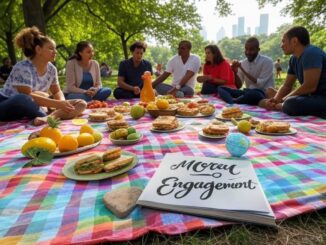 Group enjoying picnic with colorful spread.