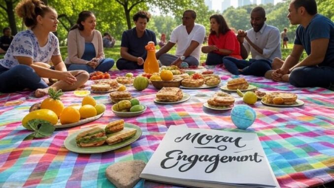 Group enjoying picnic with colorful spread.