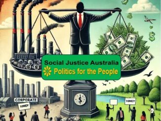 Scales balancing pollution and money, political message.