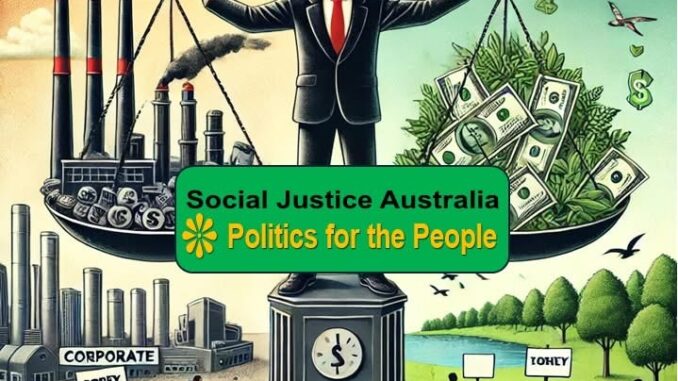 Scales balancing pollution and money, political message.