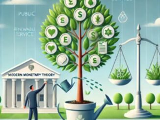 Tree growing money symbols, scales, and building.