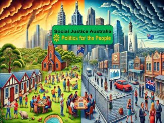 Colorful illustration of contrasting city and countryside.