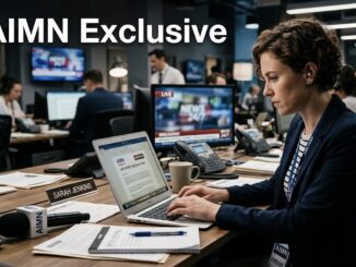 Woman reporter typing at busy newsroom desk