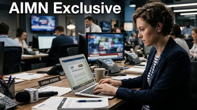 Woman reporter typing at busy newsroom desk Woman reporter typing at busy newsroom desk