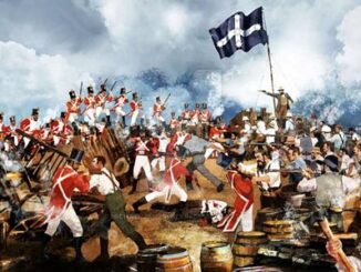 Historic battle scene with soldiers and flag.